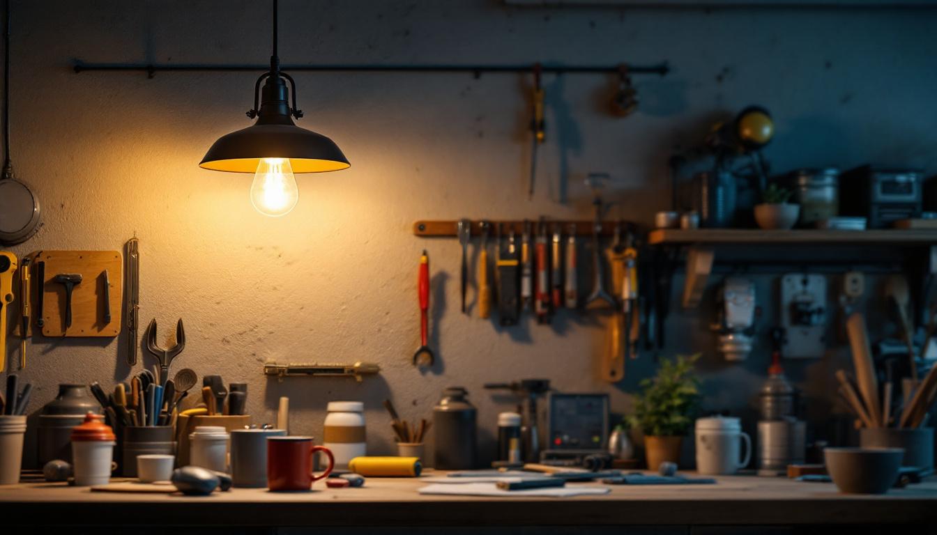 A photograph of a well-lit workshop or garage scene featuring a stylish hanging shop light with a plug