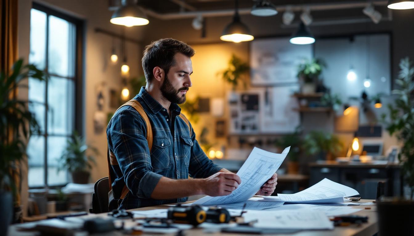 A photograph of capture a photograph of an electrical engineer analyzing complex lighting designs in a modern workspace