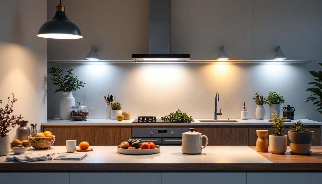 A photograph of a modern kitchen illuminated by various types of lighting fixtures