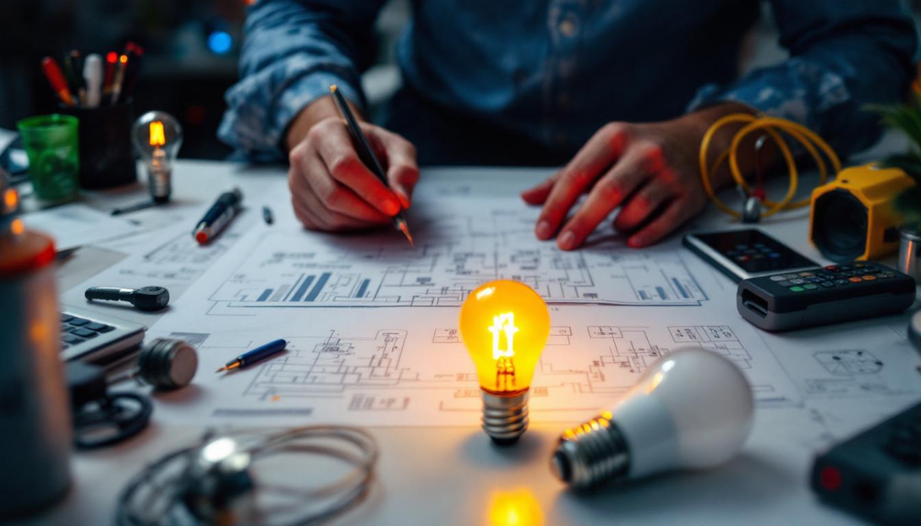 A photograph of a well-organized workspace featuring an engineer reviewing electrical schematics and codes