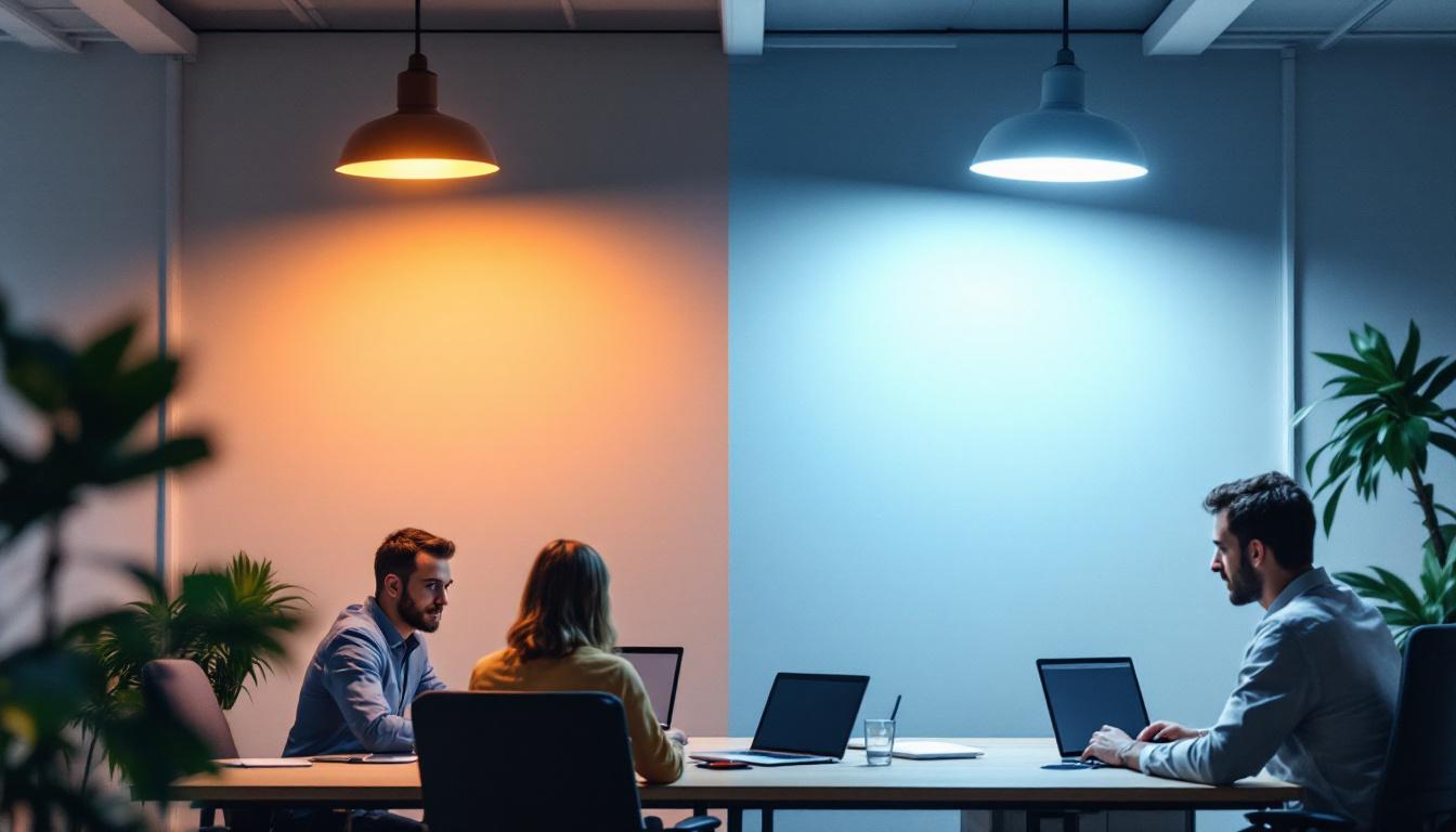 A photograph of a well-lit workspace showcasing both 4000k and 5000k lighting fixtures side by side