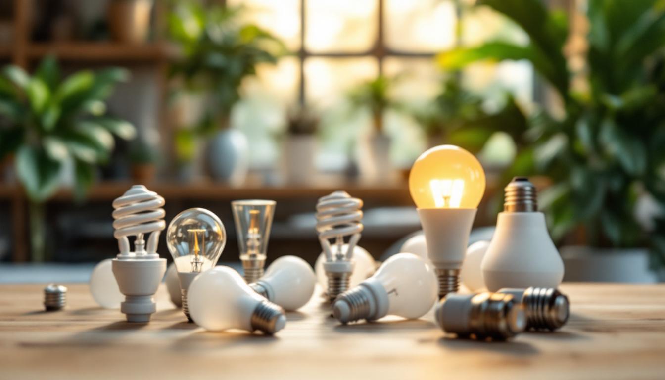 A photograph of a variety of light bulbs and their fittings displayed alongside energy-efficient lighting solutions in a well-lit