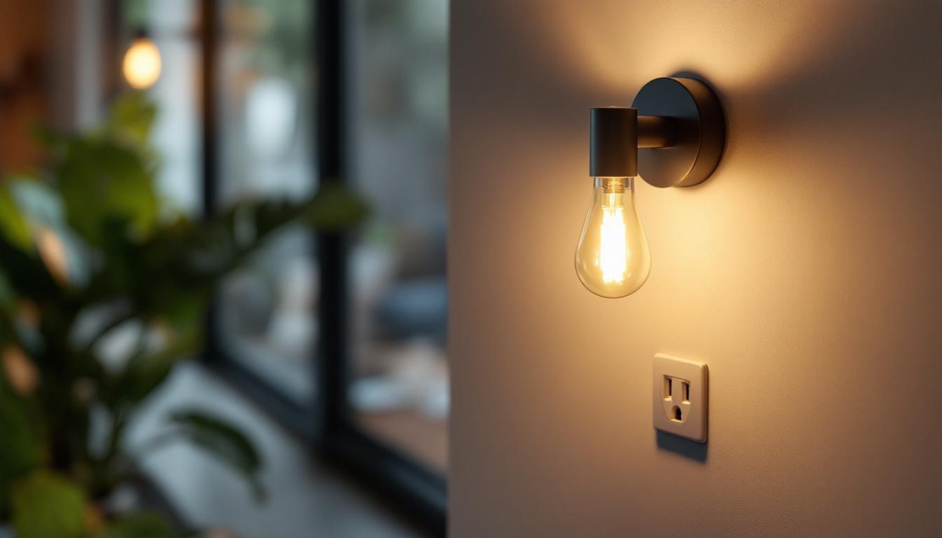A photograph of a stylish indoor wall light fixture with an integrated outlet