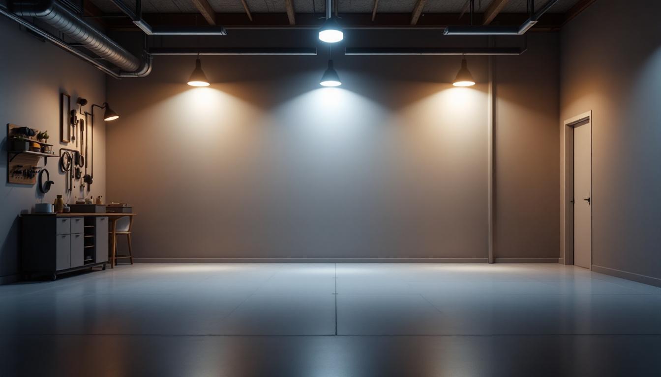 A photograph of a well-lit garage interior showcasing various lighting fixtures and their arrangement