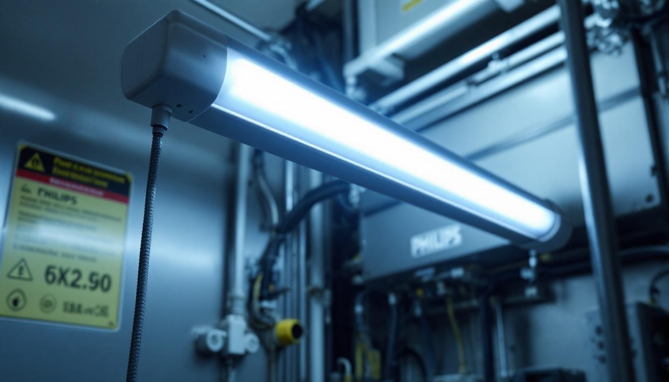 A photograph of a philips f32t8 dx fluorescent tube in an industrial or commercial setting