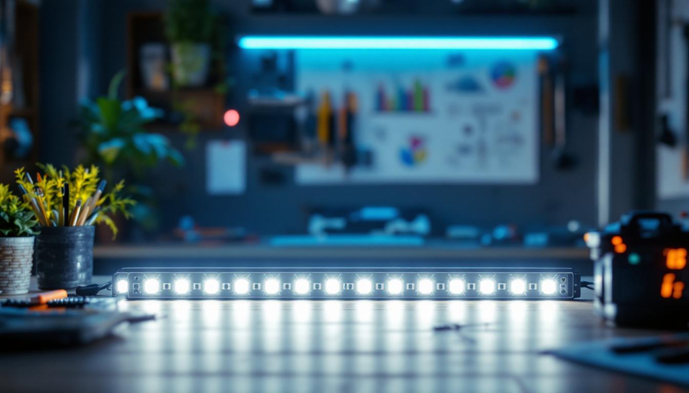 A photograph of a vibrant 36-inch led light strip illuminated in a modern engineering workspace