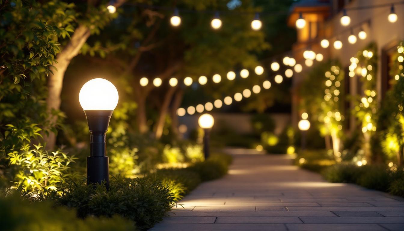 A photograph of a beautifully illuminated outdoor space showcasing various led flood light bulbs in action