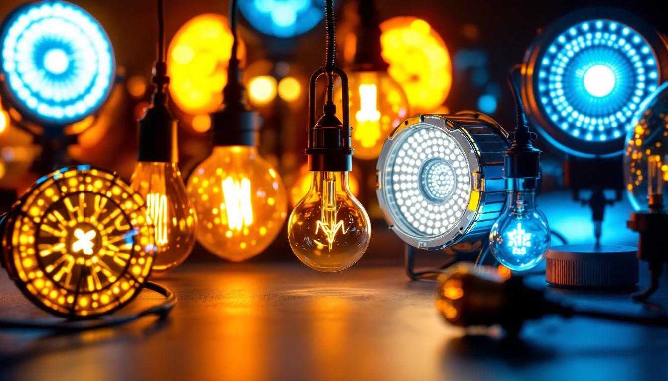 A photograph of a close-up shot of various high-end led lights in a modern lighting design setting