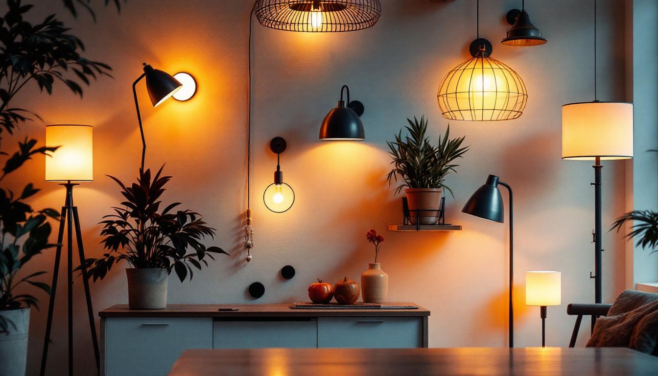 A photograph of a well-designed interior space illuminated by various indirect lighting lamps