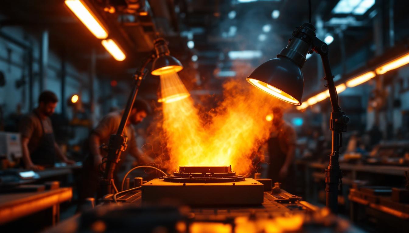 A photograph of a body shop environment featuring heat lamps in action