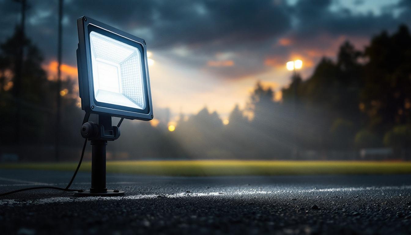 A photograph of a 50w led floodlight illuminating a dynamic outdoor scene