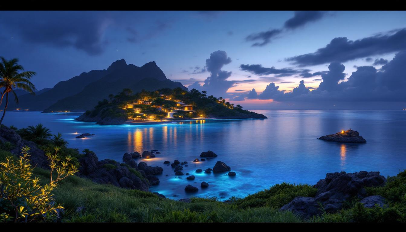 A photograph of a serene island landscape at dusk