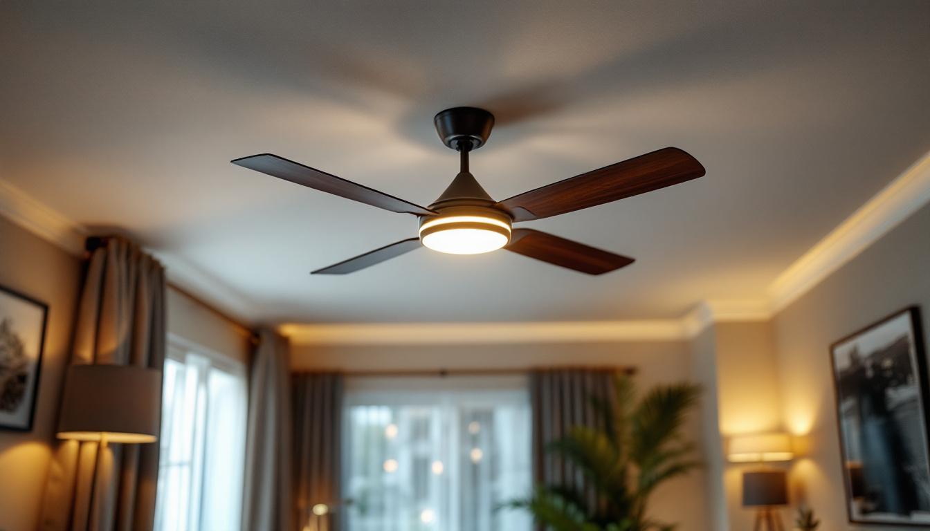 A photograph of a stylish ceiling fan with integrated energy-efficient lighting