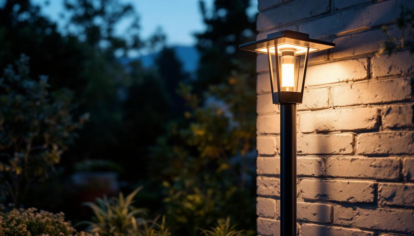 A photograph of a sleek outdoor modern post light installed in a landscaped setting during dusk