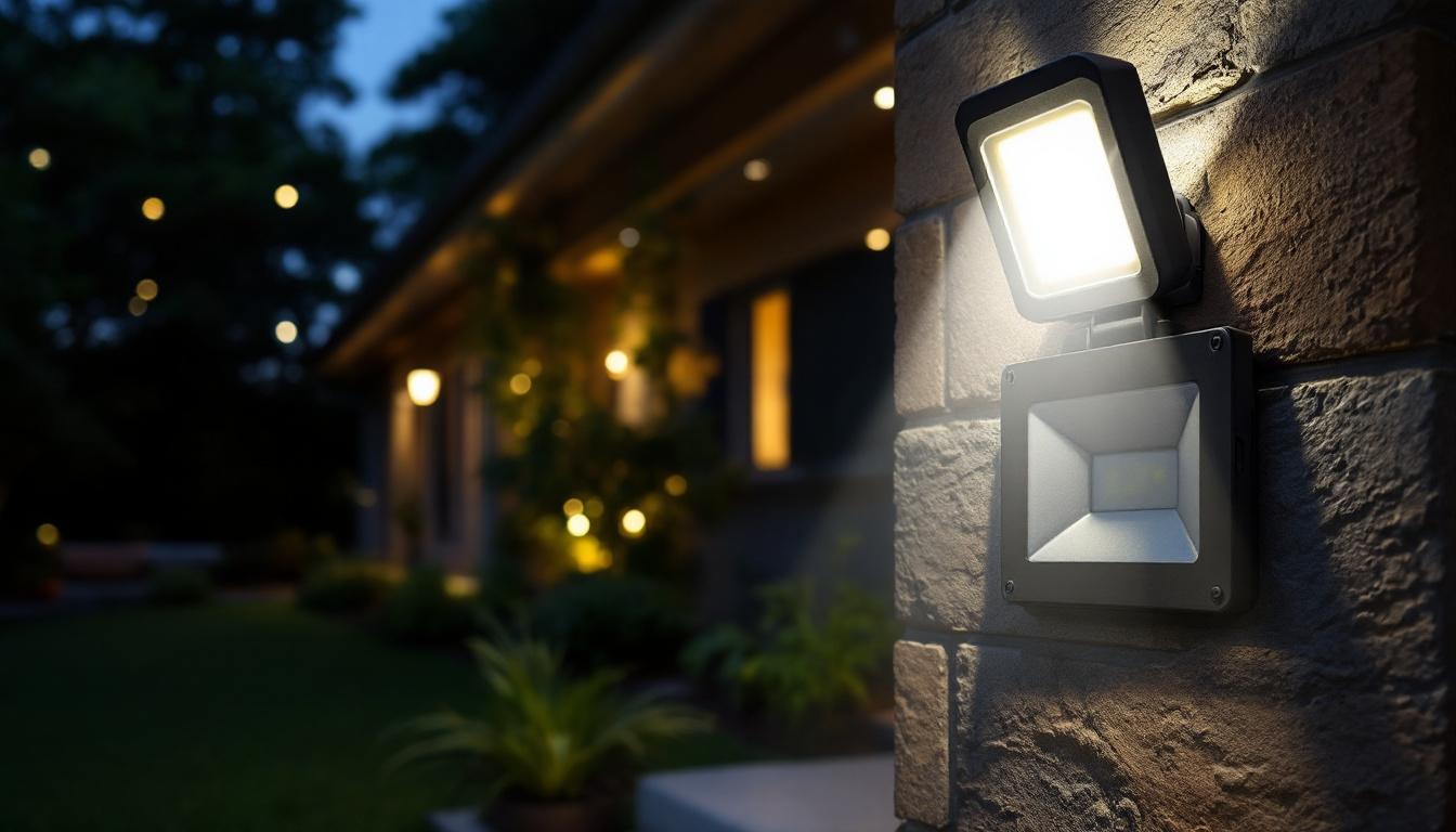 A photograph of a well-lit outdoor setting showcasing a motion sensor flood light in action