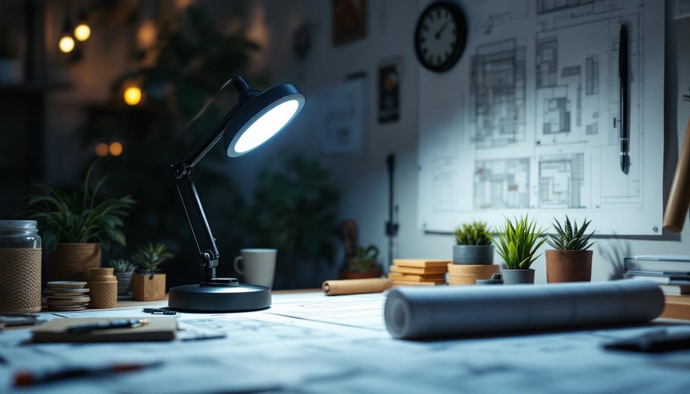 A photograph of a well-lit engineering workspace featuring a 4000 lumen light source illuminating a variety of design tools and architectural plans