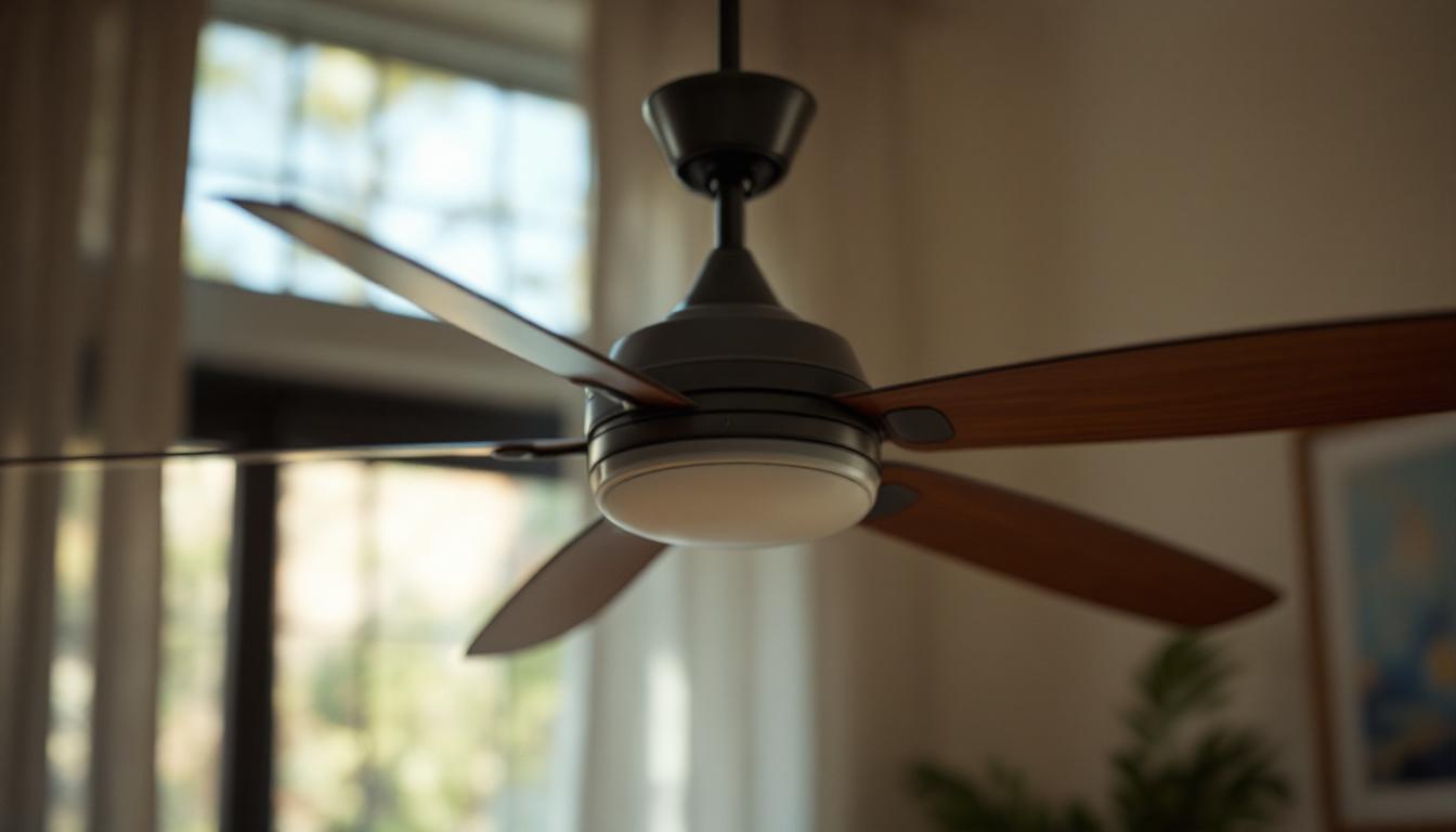 A photograph of a stylishly designed hunter fan in a well-lit room