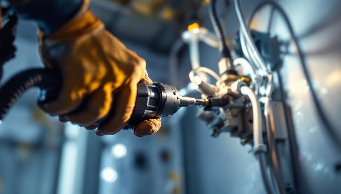A photograph of a close-up of an electrician using an electrical tool to install or adjust lighting fixtures