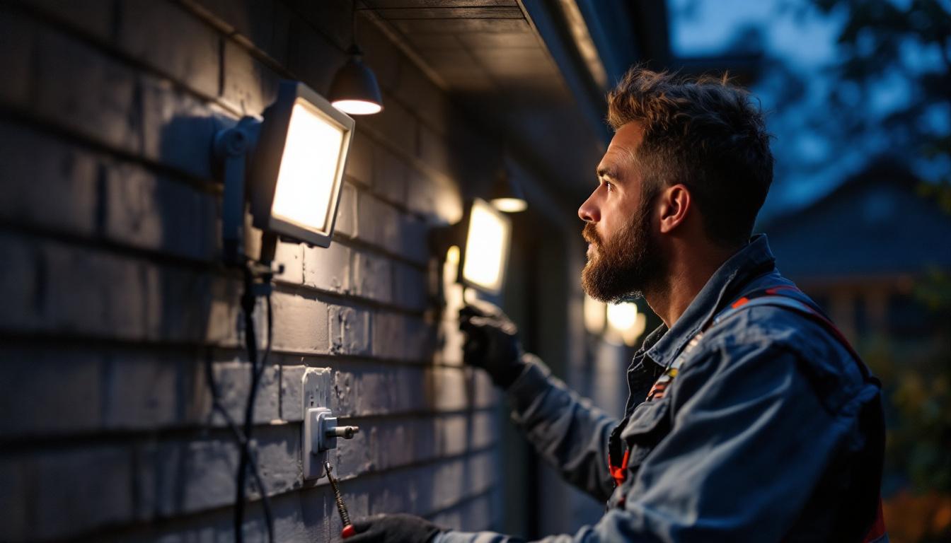 A photograph of a technician inspecting or adjusting outdoor led floodlights in a residential or commercial setting