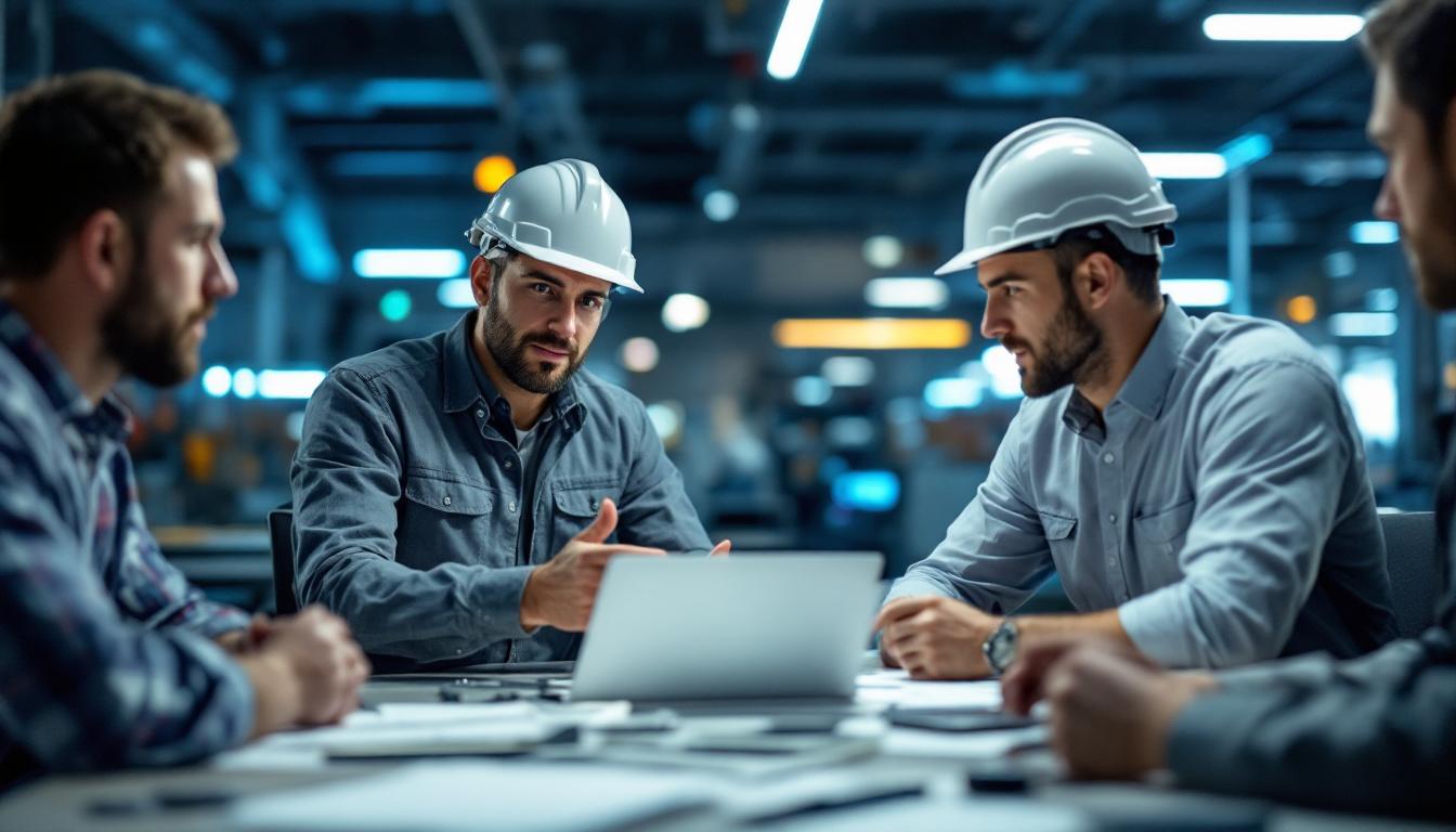 A photograph of a ge lighting representative engaged in a discussion with engineers