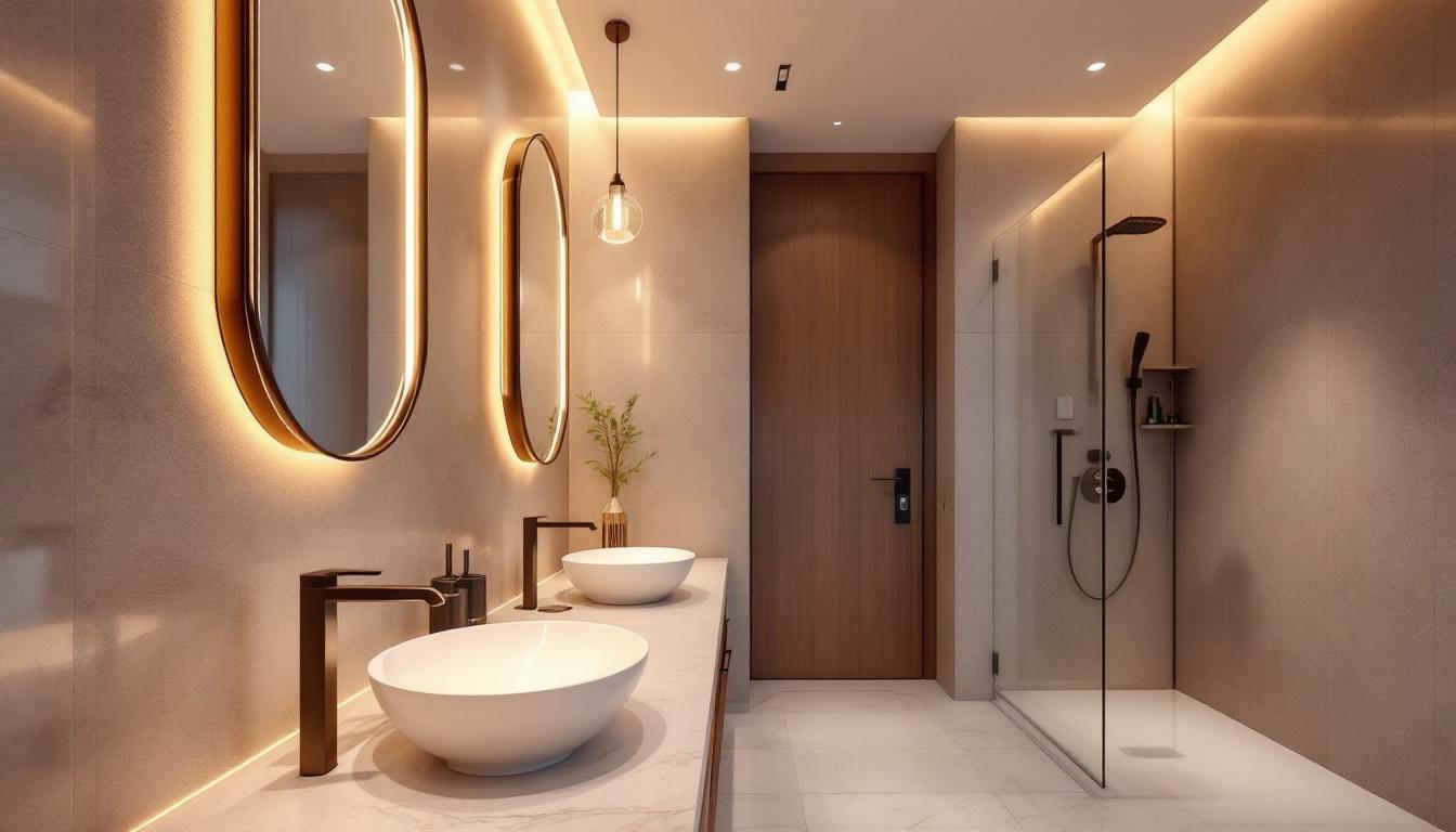 A photograph of a beautifully designed bathroom featuring modern recessed lighting