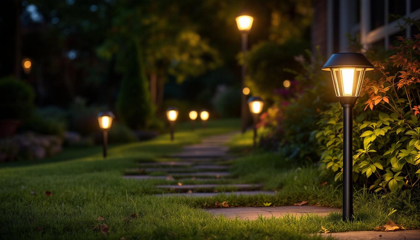A photograph of a beautifully illuminated garden or outdoor space featuring a variety of solar landscape lights in action at dusk