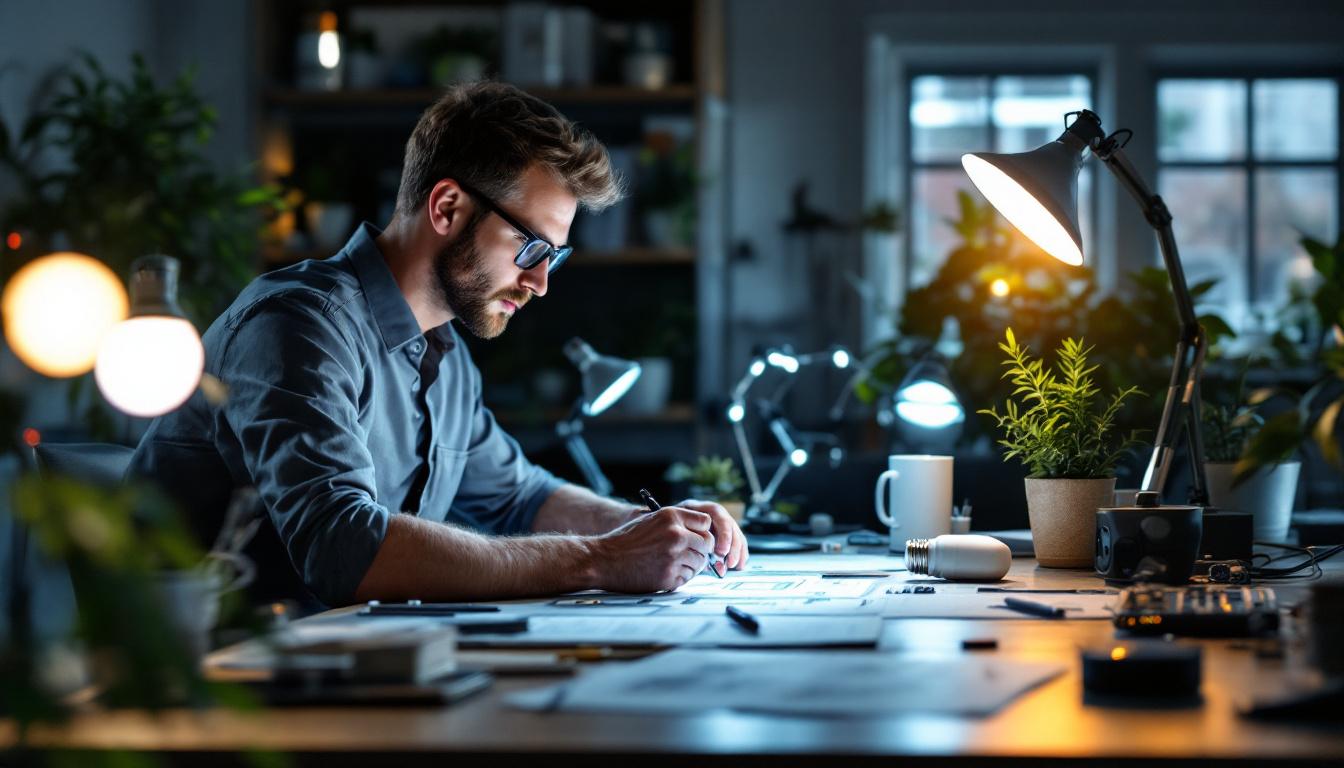 A photograph of a sleek workspace featuring an electrical engineer analyzing led lights with a color temperature of 5000k