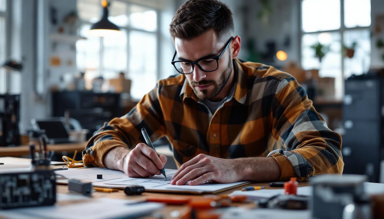 A photograph of a skilled electrical engineer working on a detailed outside box cover design