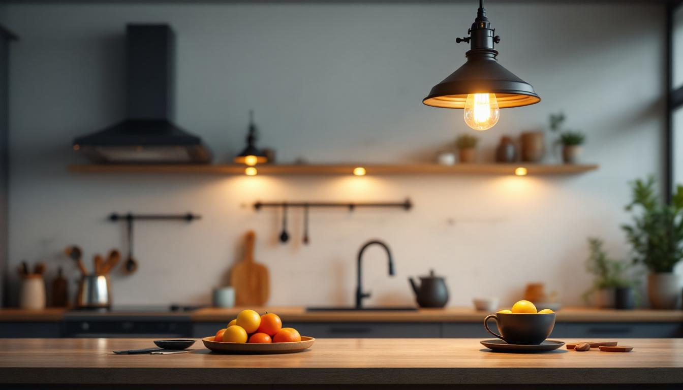 A photograph of a stylish kitchen featuring industrial light fixtures