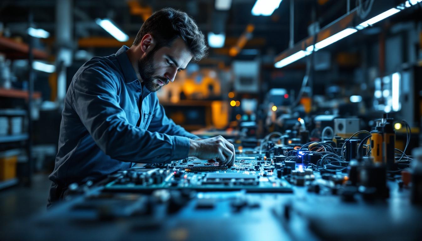 A photograph of a focused electrical engineer working on a complex circuit board in a modern lab