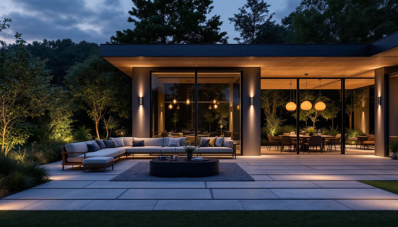 A photograph of a beautifully illuminated outdoor space featuring a dusk to dawn flush mount light installed in a large-scale setting