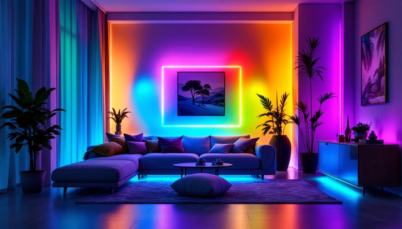A photograph of a visually appealing rgb led light setup that showcases a variety of colors in a home or office environment