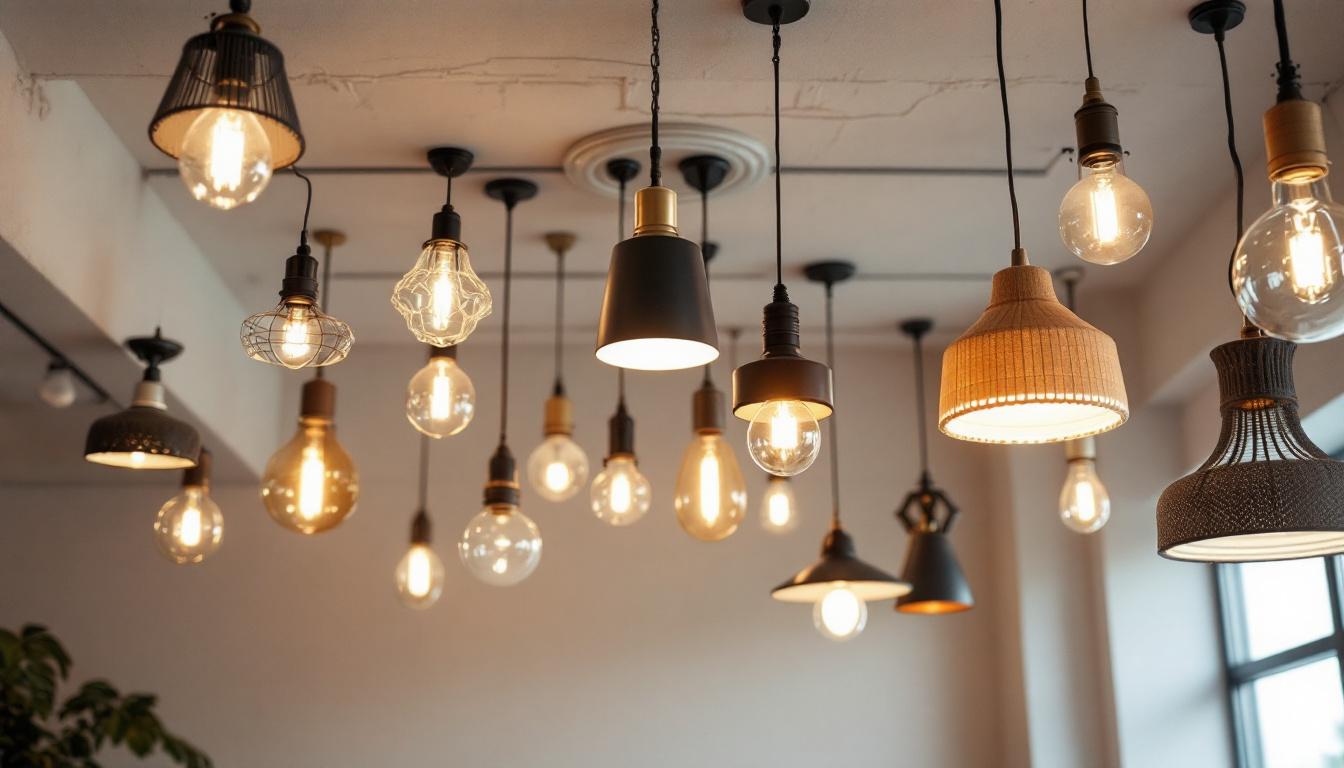 A photograph of a beautifully arranged suspended ceiling featuring a variety of stylish hanging lights