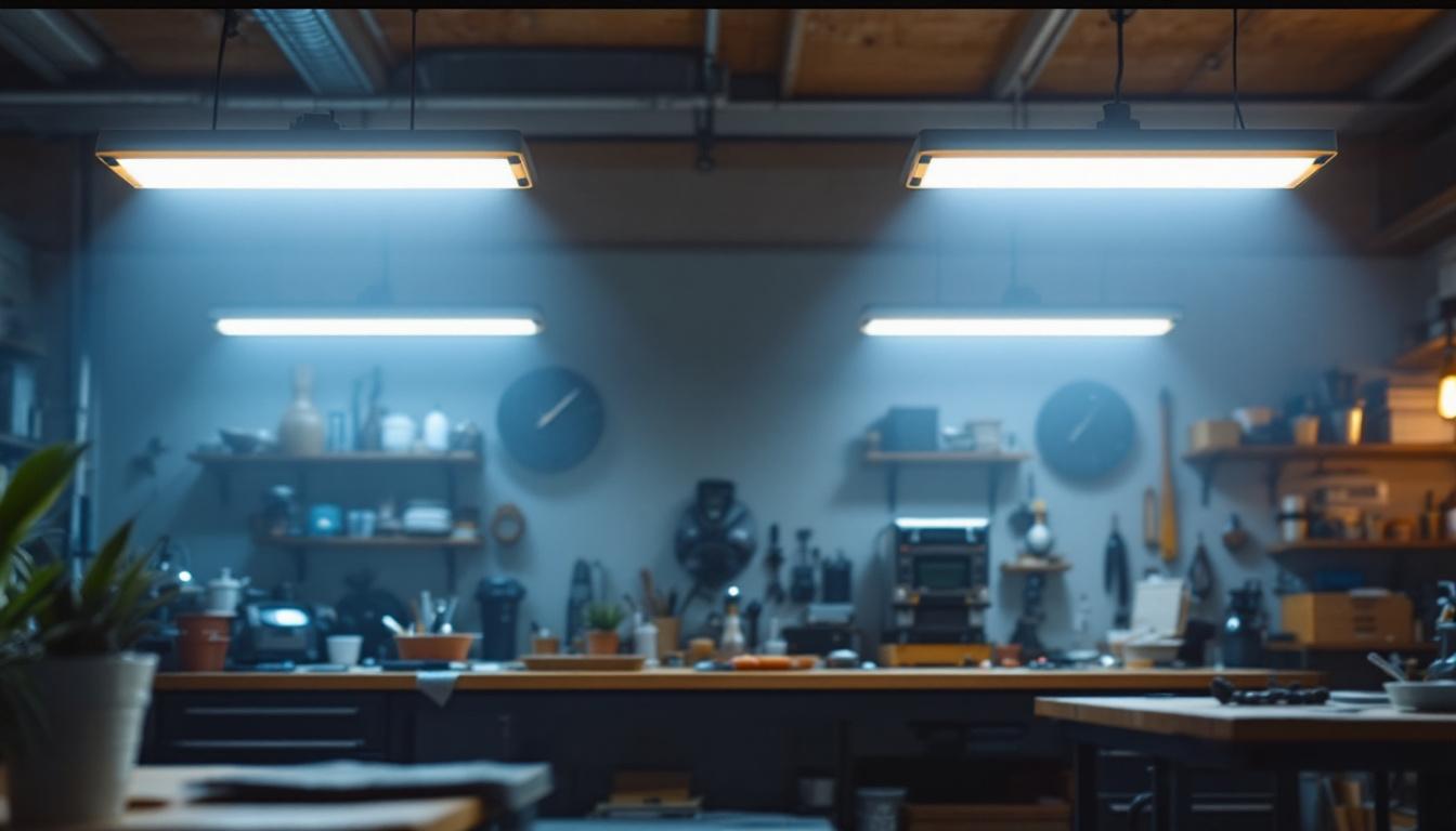 A photograph of a well-lit workshop or garage featuring multiple 4 ft linkable led shop lights installed overhead