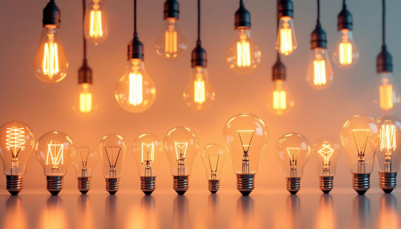 A photograph of a beautifully arranged display of various 277 volt incandescent light bulbs