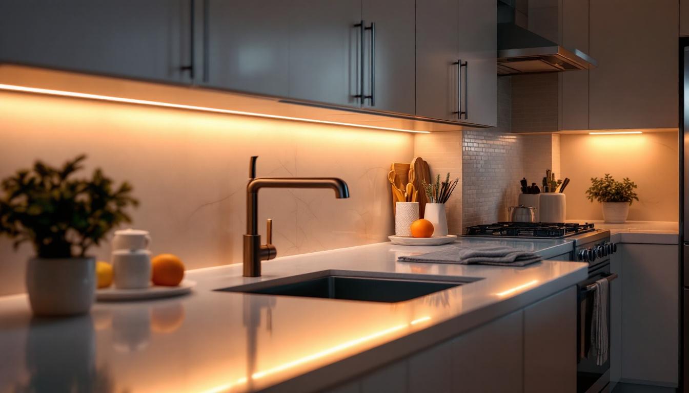 A photograph of a well-designed kitchen featuring sleek led hardwired under cabinet lighting