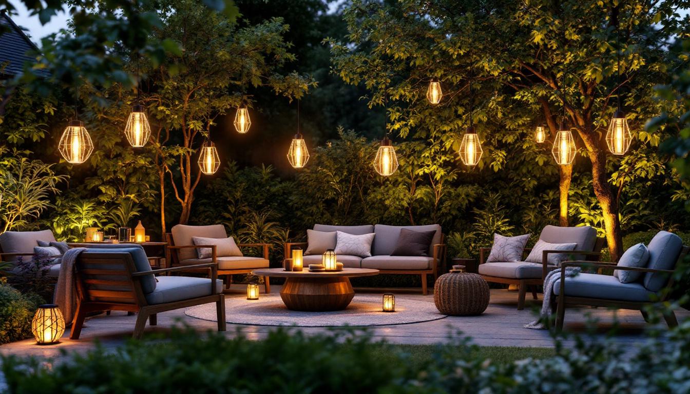 A photograph of a beautifully arranged outdoor setting featuring various styles of solar hanging lanterns illuminated at dusk
