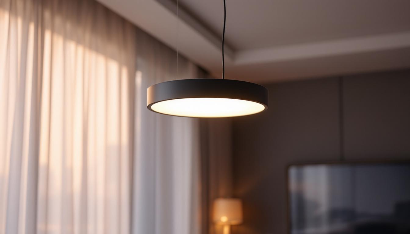 A photograph of a stylish flat ceiling light fixture in a modern living space