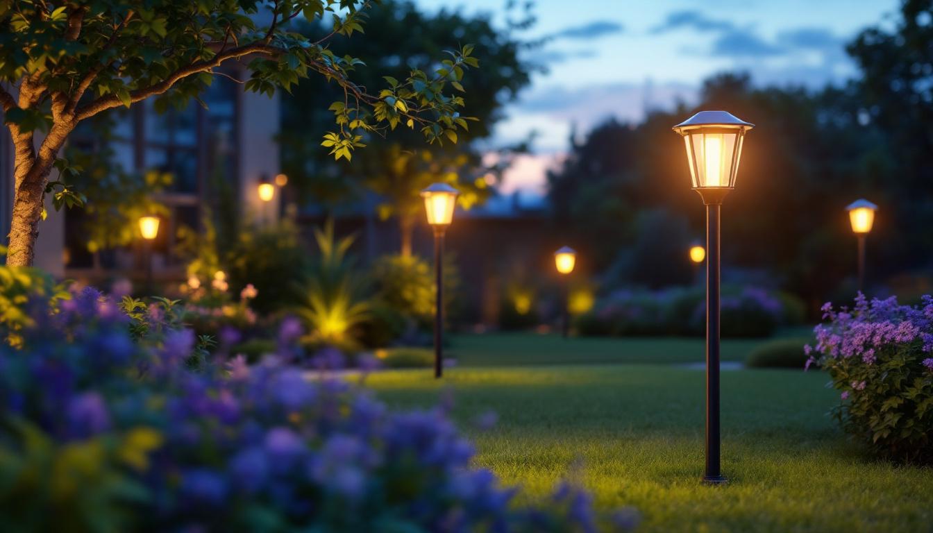 A photograph of a beautifully illuminated garden at dusk