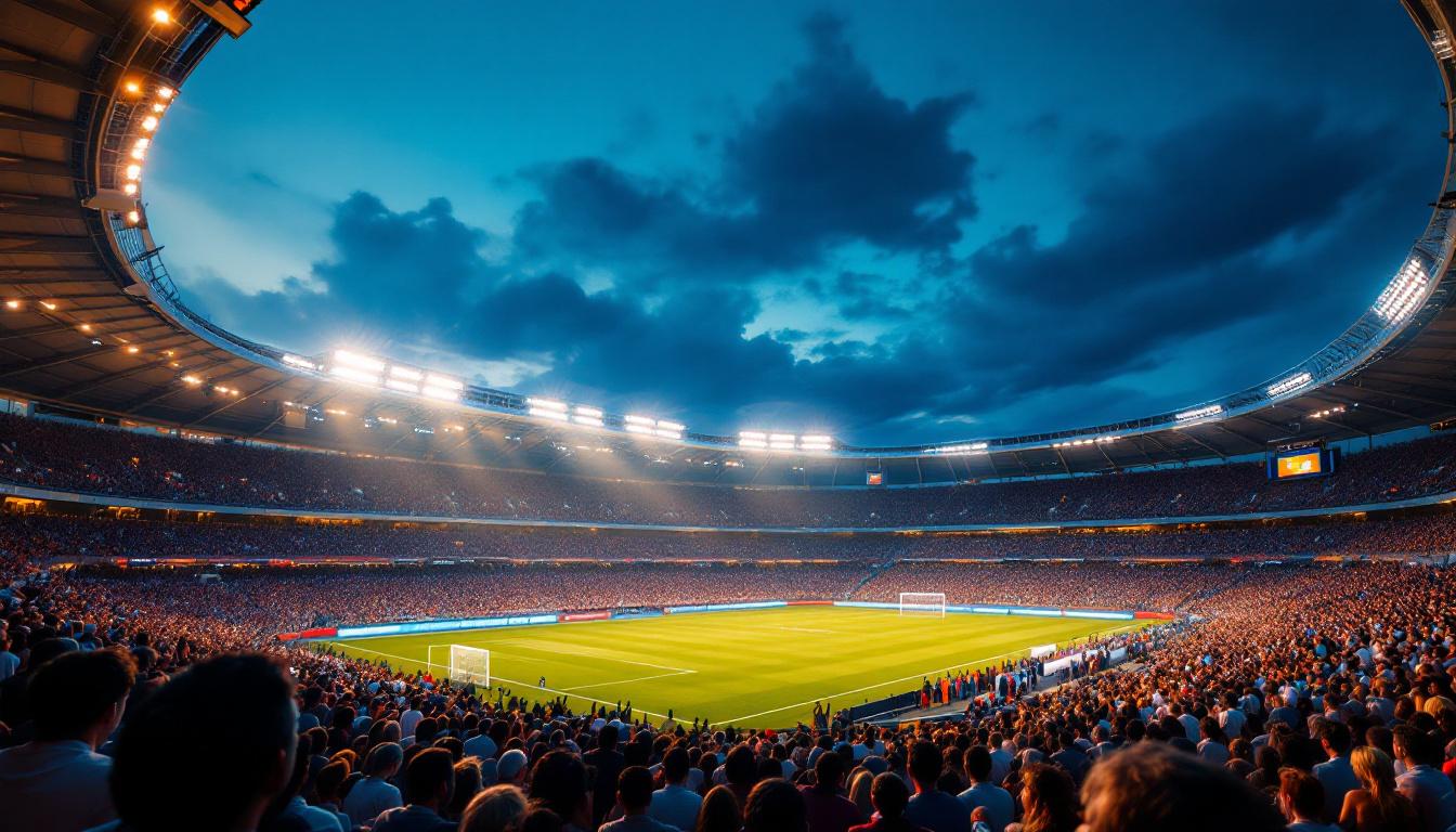 A photograph of a modern sports stadium illuminated by energy-efficient solar stadium lights during a vibrant evening event