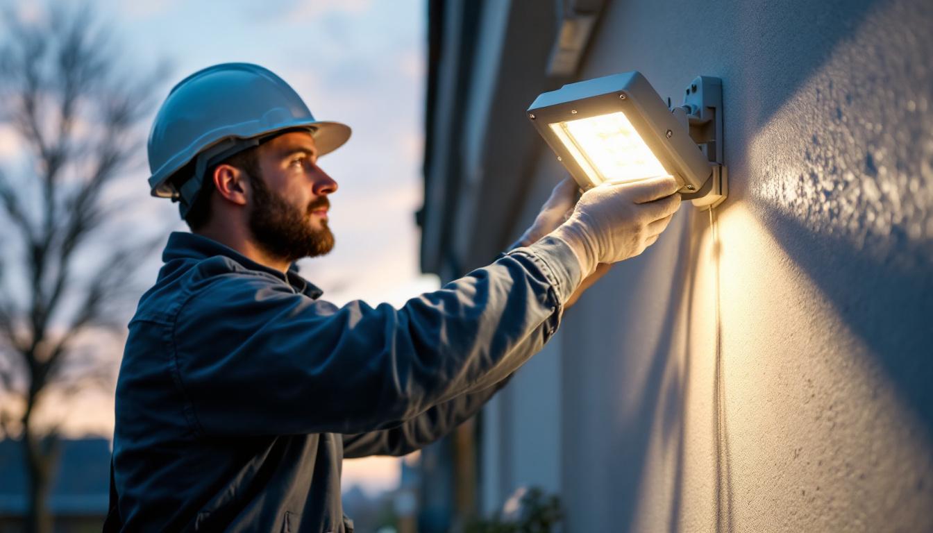 A photograph of a technician replacing a flood light in an outdoor setting