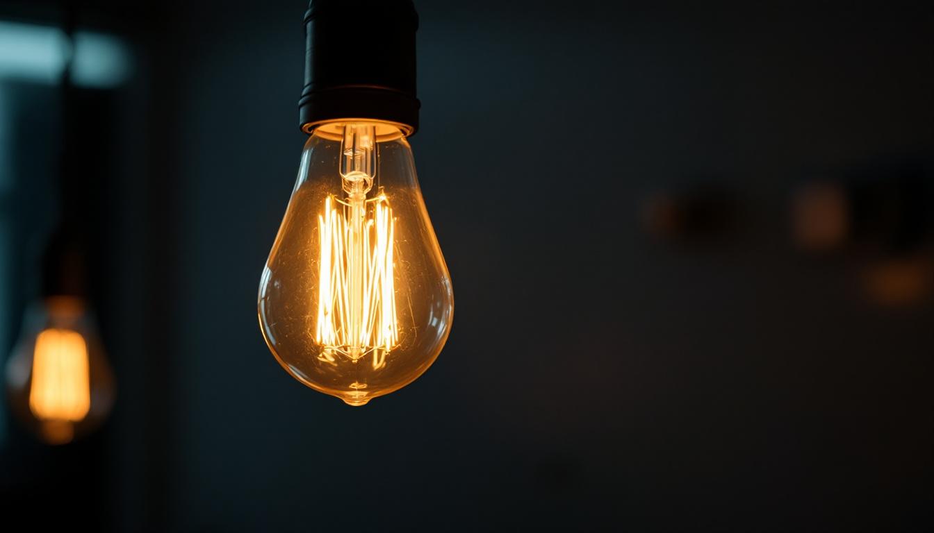 A photograph of a close-up of a flickering light bulb in a dimly lit room