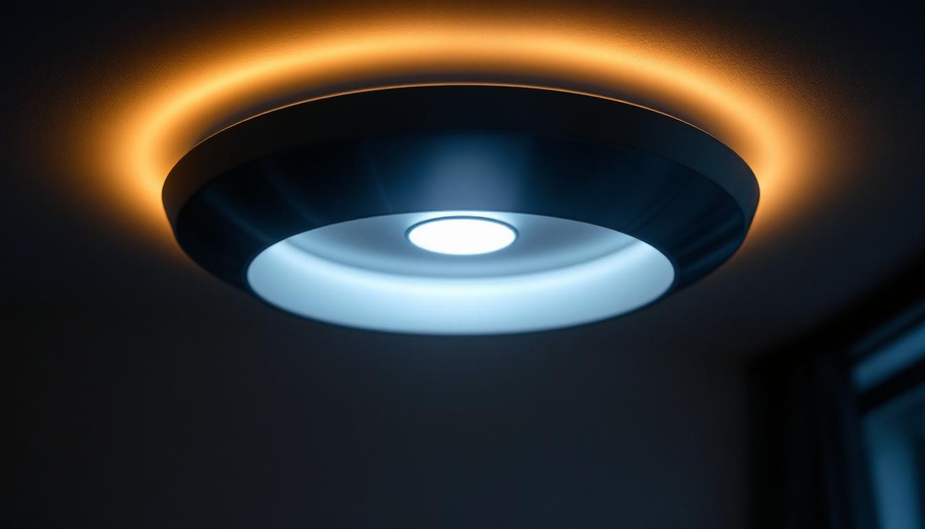 A photograph of a stylish ceiling lamp illuminated in a modern interior setting