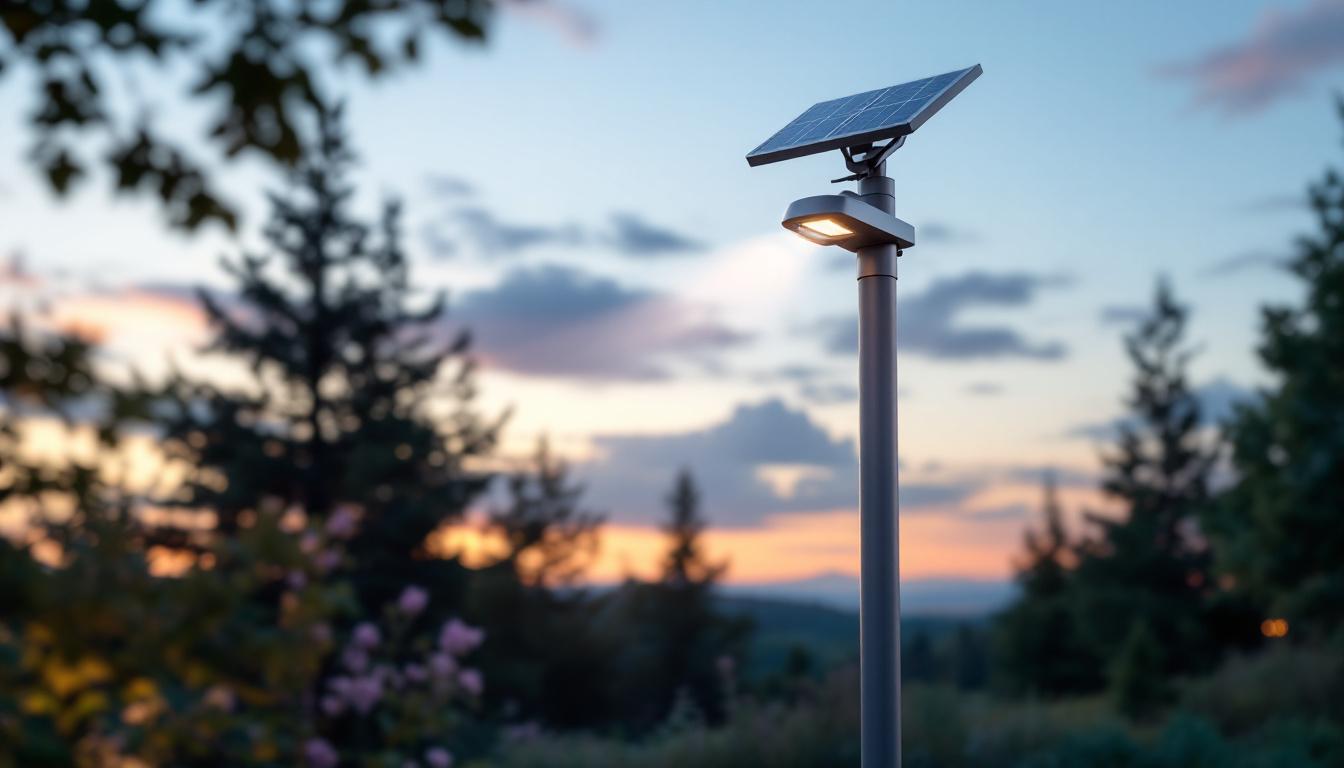 A photograph of a beautifully designed solar lamp post mounted in a picturesque outdoor setting