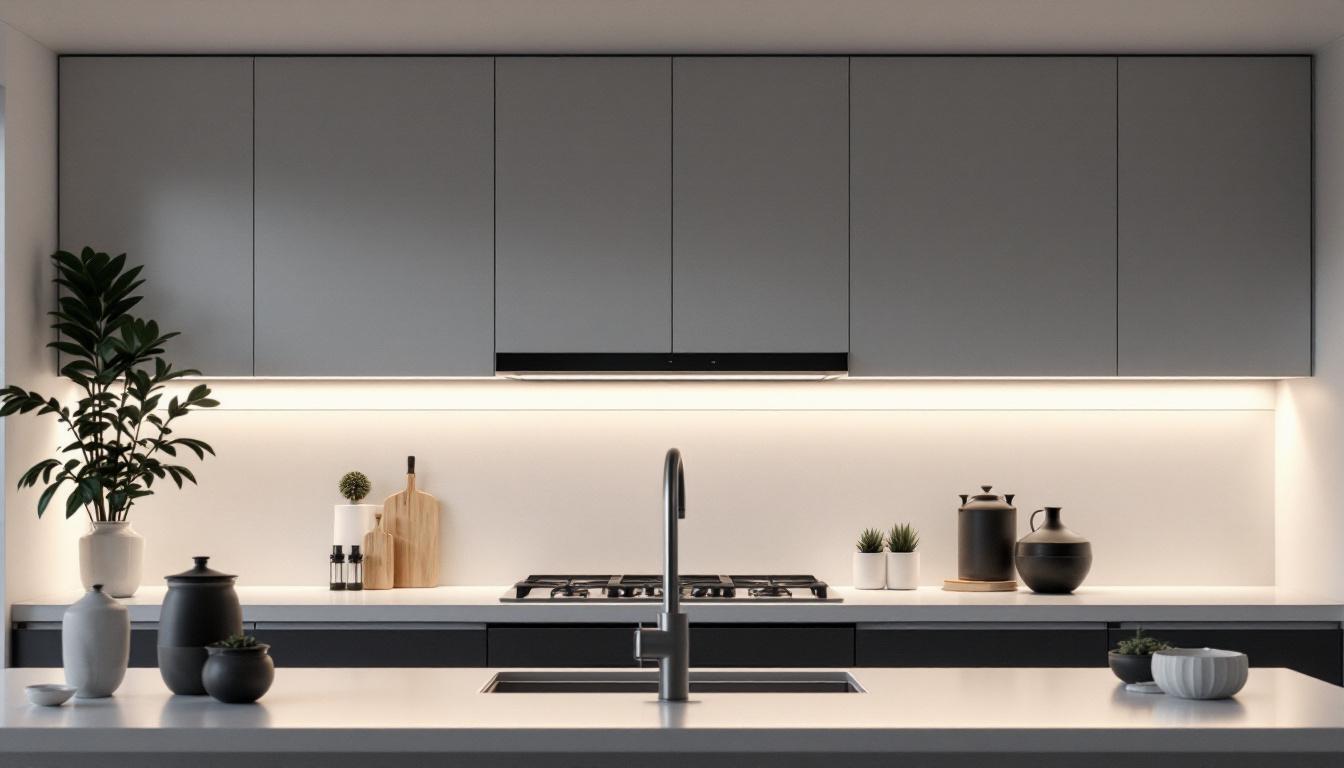 A photograph of a modern kitchen featuring stylish under-cabinet lighting that highlights the sleek design and functionality of the space