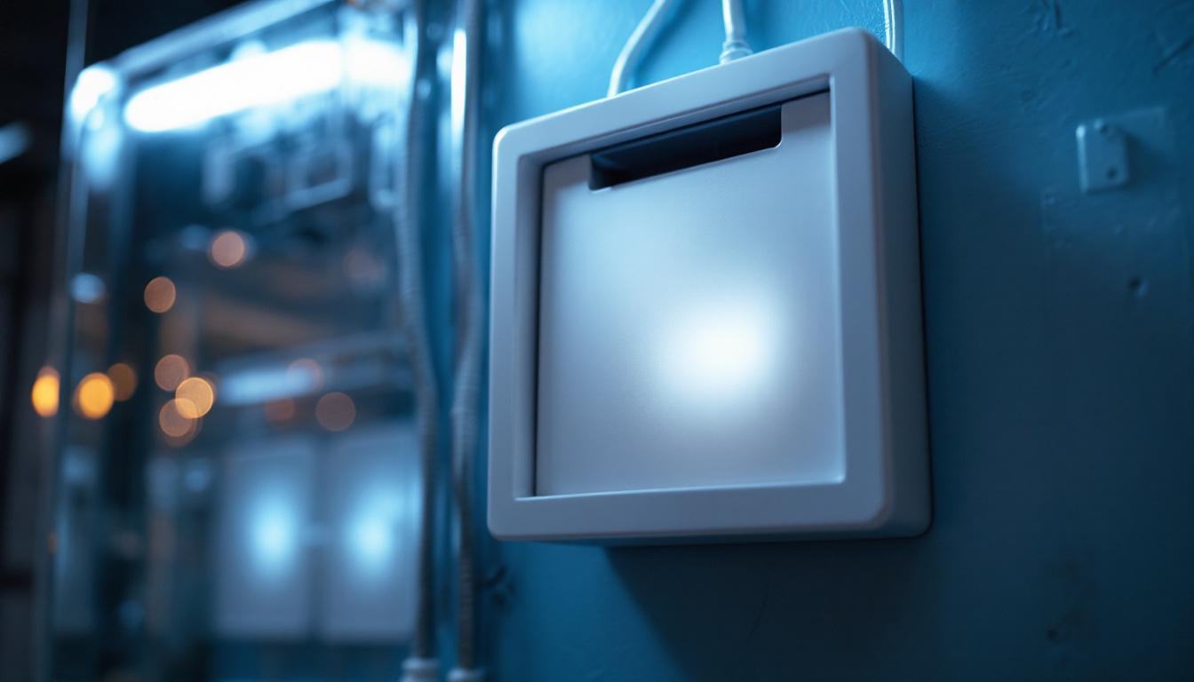 A photograph of a well-lit electrical lighting system installation featuring a plastic cover for a box
