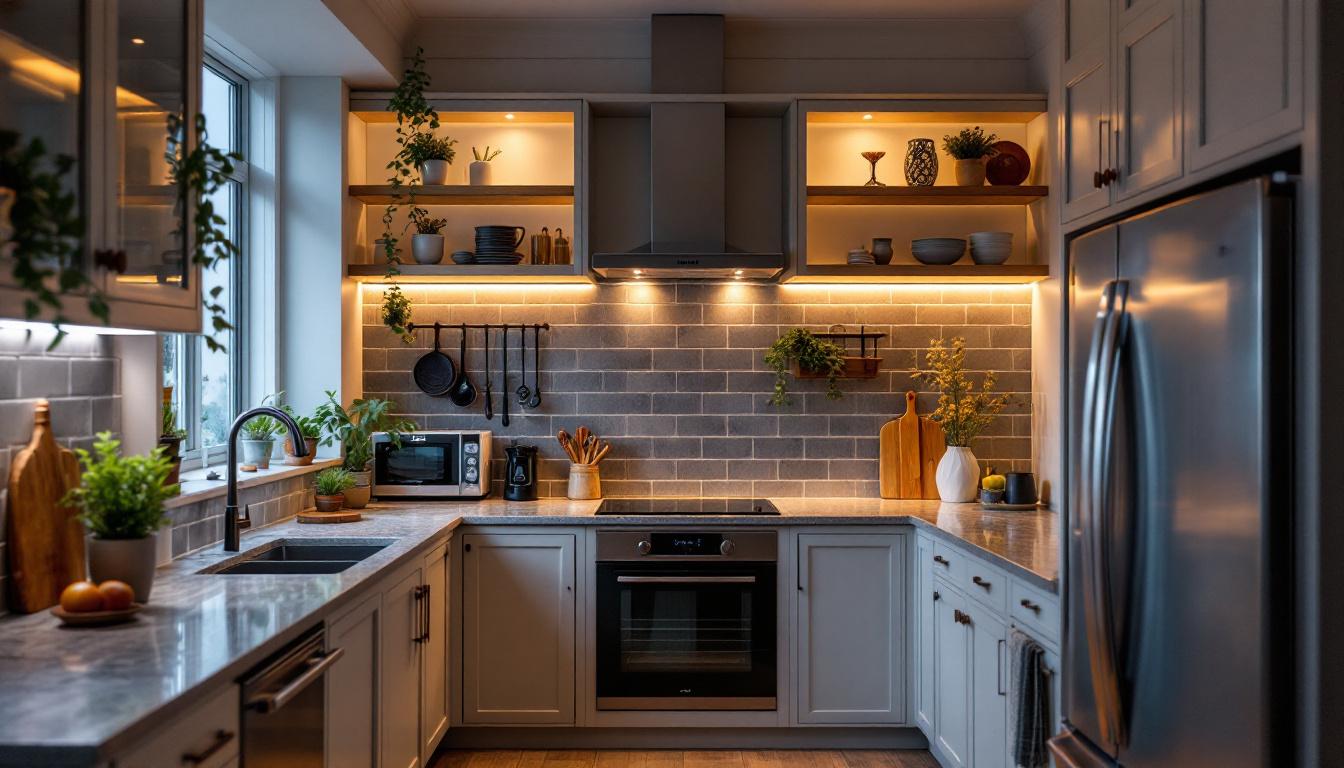 A photograph of a beautifully designed kitchen with stylish under cabinet lighting illuminating the countertops