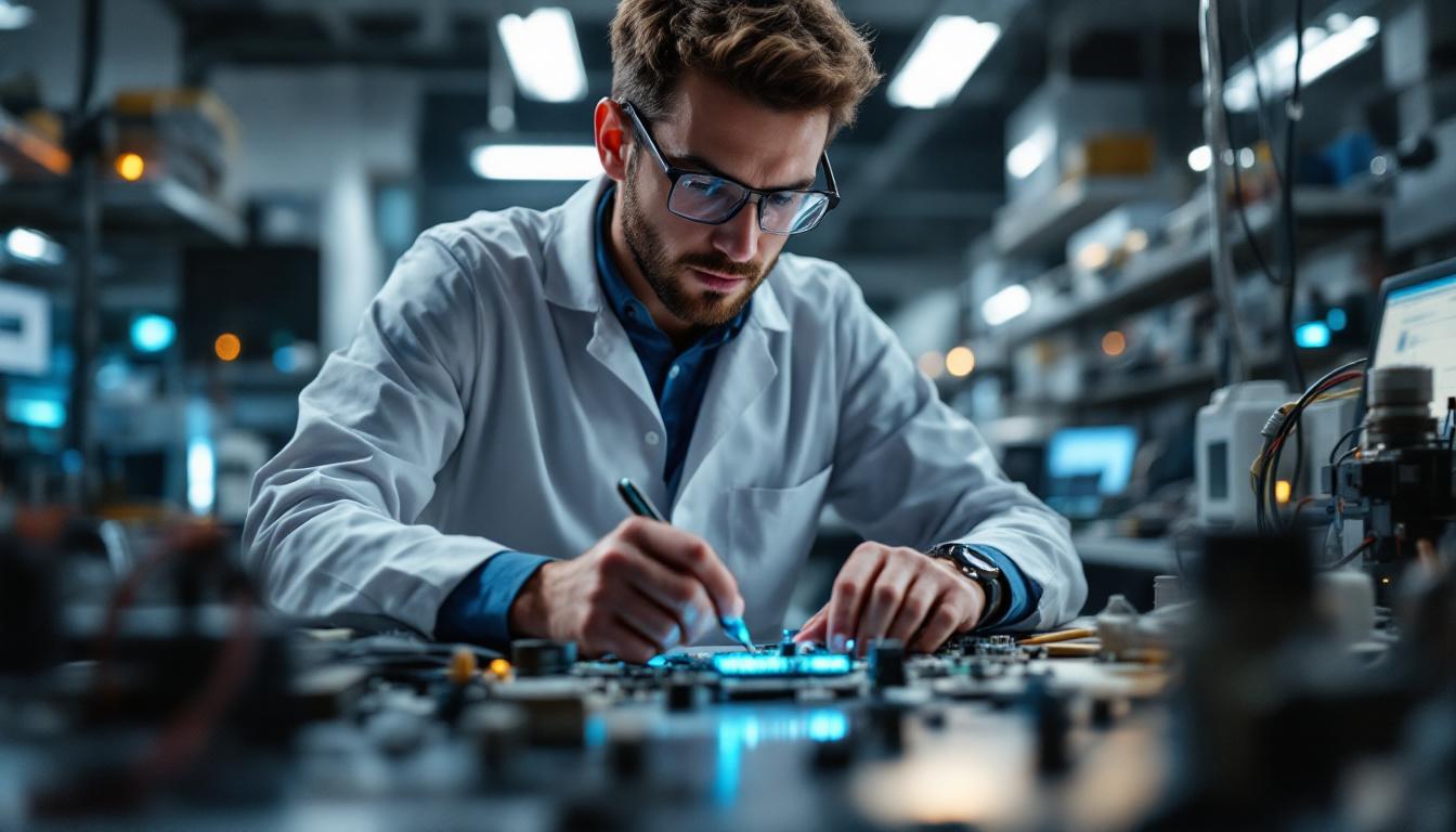 A photograph of a focused electrical engineer working on a circuit board in a modern lab