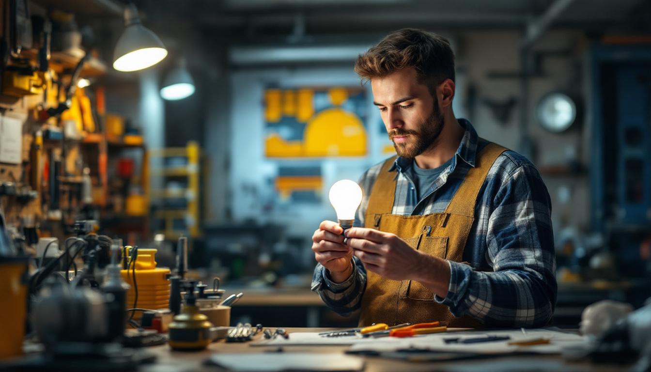 A photograph of a skilled electrical engineer examining a high-quality led replacement bulb in a well-lit workshop