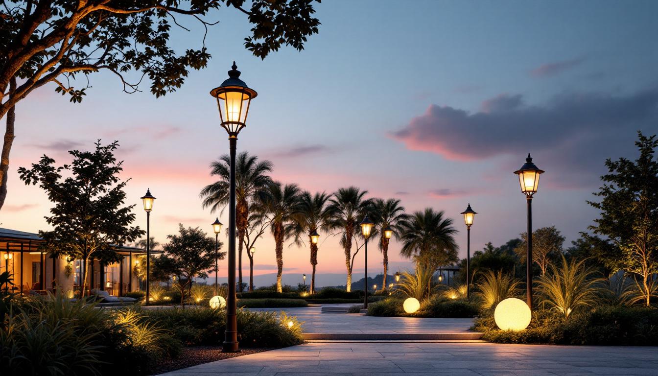 A photograph of a beautifully lit outdoor space featuring various styles of large outdoor lamps